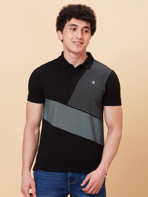 BEING HUMAN Striped Men Polo Neck Black T-Shirt