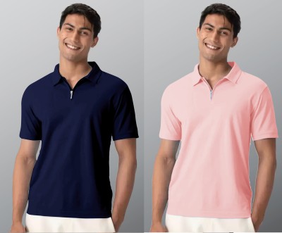 INDICLUB Solid Men Polo Neck Blue, Pink T-Shirt
