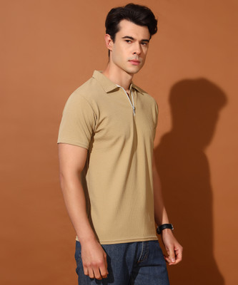 METRONAUT Self Design Men Polo Neck Beige T-Shirt