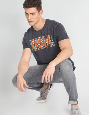 U.S. POLO ASSN. Printed Men Round Neck Grey T-Shirt