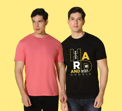 WOOSTRO Printed Men Round Neck Black, Pink T-Shirt