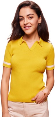 BOMBAY HIGH Solid Women V Neck Yellow T-Shirt