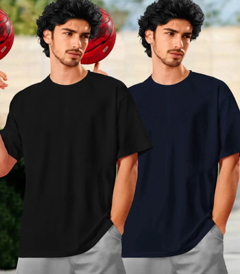 TRIPR Solid Men Round Neck Black, Navy Blue T-Shirt