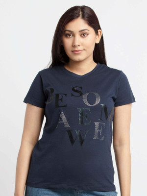 Status Quo Printed Women Round Neck Navy Blue T-Shirt