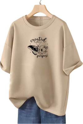 Fluffy Enterprises Printed Women Round Neck Beige T-Shirt