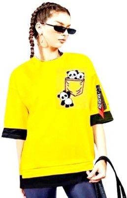 TARSHI Solid, Printed Women Round Neck Yellow T-Shirt