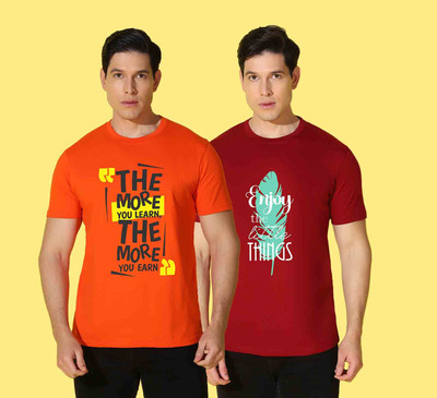WOOSTRO Typography Men Round Neck Maroon, Orange T-Shirt