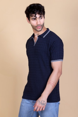 DZANT Solid Men Polo Neck Navy Blue T-Shirt