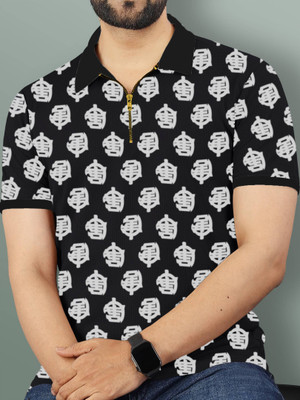 Lieo Trend Printed Men Polo Neck Black T-Shirt