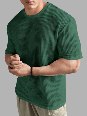 Lets Create Self Design Men Round Neck Green T-Shirt
