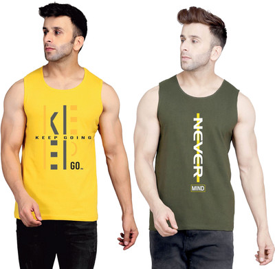 SLOWLORIS Printed Men Round Neck Yellow, Dark Green T-Shirt