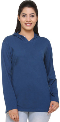 SHAUN Solid Women Hooded Neck Blue T-Shirt