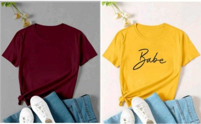 Lasmo Solid Women Round Neck Maroon, Yellow T-Shirt