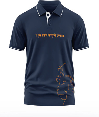 Warriorworld Typography Men Polo Neck Navy Blue T-Shirt