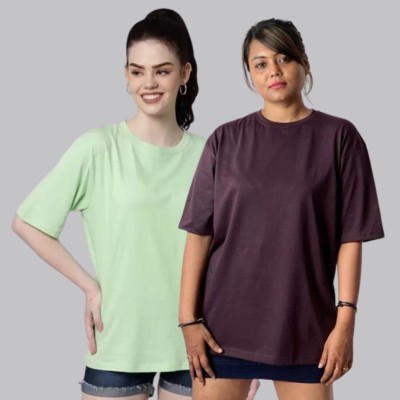 Datalact Solid Women Round Neck Purple, Light Green T-Shirt