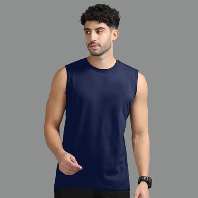 Mishitha Solid Men Round Neck Dark Blue T-Shirt
