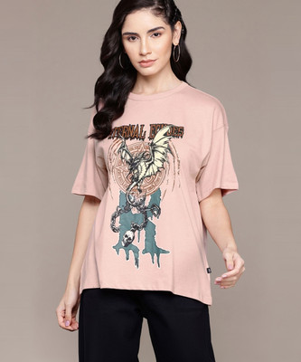 Roadster Printed Women Round Neck Pink T-Shirt