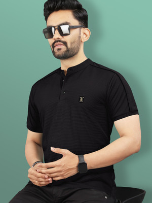 VeBNoR Solid Men Mandarin Collar Black T-Shirt