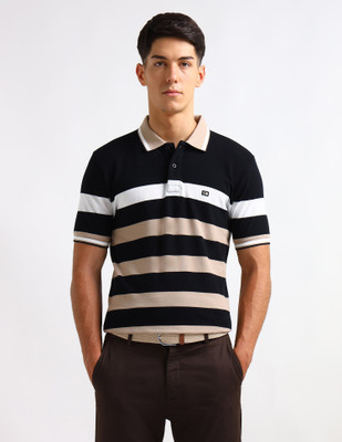 Arrow Sport Striped Men Polo Neck Black T-Shirt