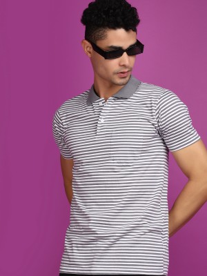 V-MART Striped Men Polo Neck Grey T-Shirt