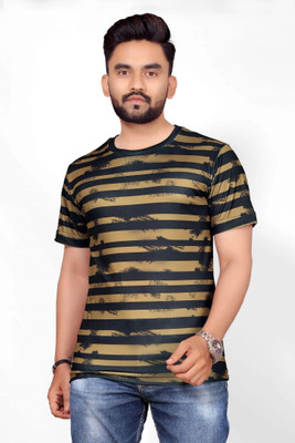 CHANDRASTYLE Striped Men Round Neck Gold, Black T-Shirt