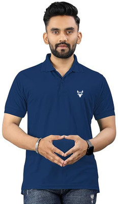 KASHIRA Solid, Printed Men Polo Neck Dark Blue T-Shirt