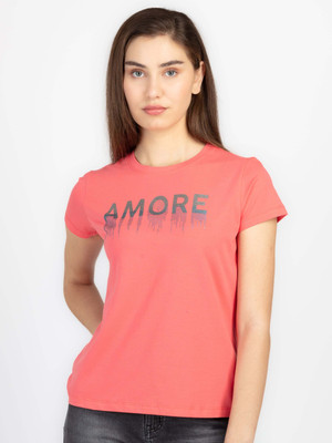 Status Quo Printed, Typography Women Round Neck Pink T-Shirt