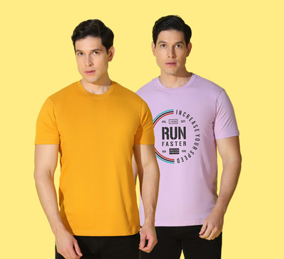 WOOSTRO Printed Men Round Neck Yellow, Purple T-Shirt