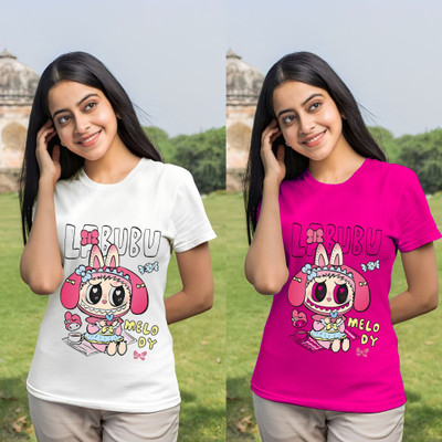 Kintu Parantu Cartoon Women Round Neck Pink, White T-Shirt