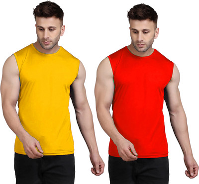 UDI n ADI Solid Men Round Neck Yellow, Red T-Shirt