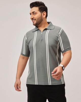 UNSTD Striped Men Polo Neck Grey T-Shirt