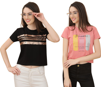 vfesta Typography Women Round Neck Purple, Black T-Shirt