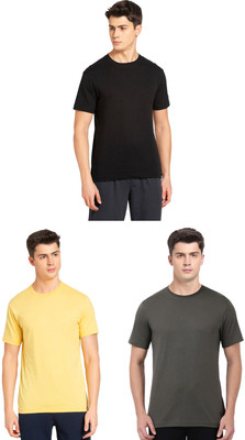 JOCKEY Solid Men Round Neck Black, Yellow, Dark Green T-Shirt