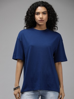 Roadster Solid Women Round Neck Navy Blue T-Shirt