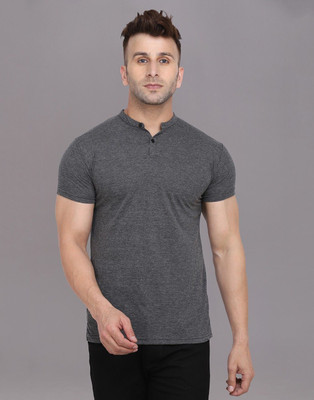 Blisstone Solid Men Mandarin Collar Grey T-Shirt