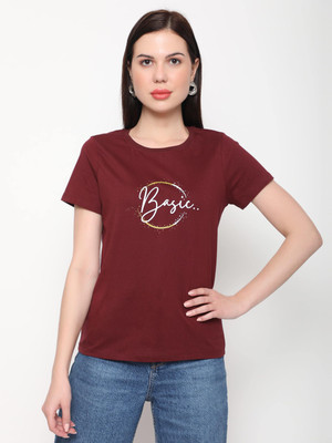 OUTFLITS Typography Women Round Neck Brown T-Shirt