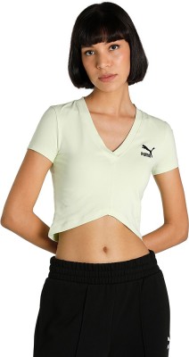 PUMA Solid Women V Neck Green T-Shirt