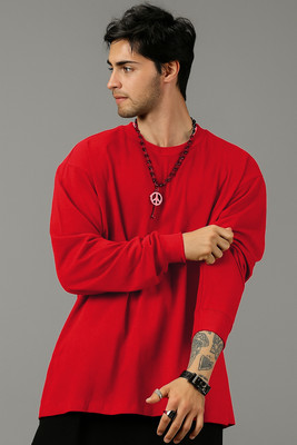 ALONE EAGLE Solid Men Round Neck Red T-Shirt