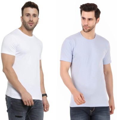 G O U T S Solid Men Round Neck Light Blue, White T-Shirt