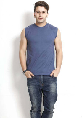 GEUM Solid Men Round Neck Blue T-Shirt