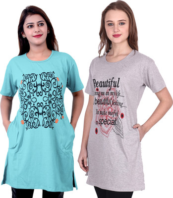 DG Star Printed Women Round Neck Light Blue, Grey T-Shirt