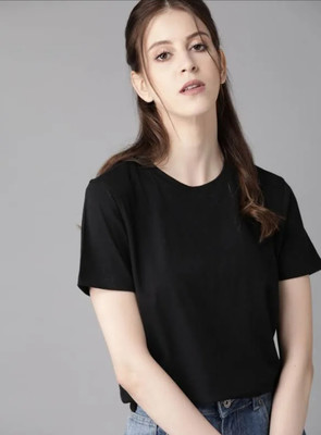 CottonCrest Solid Women Round Neck Black T-Shirt