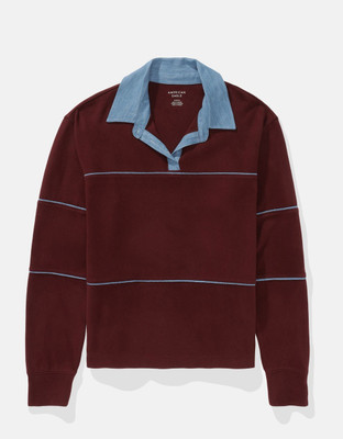 American Eagle Solid, Striped Women Polo Neck Beige T-Shirt