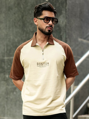 MANIAC Printed Men Polo Neck Beige T-Shirt