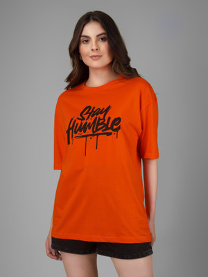 PUBCLUB Printed Women Round Neck Orange T-Shirt
