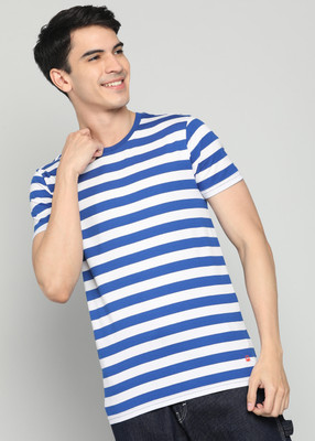 United Colors of Benetton Striped Men Round Neck Blue, White T-Shirt