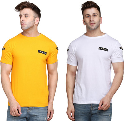 BEYOU FASHION Solid Men Round Neck White, Yellow T-Shirt