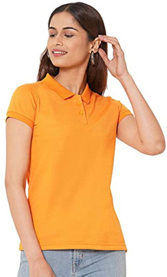 maketin Solid Women Polo Neck Orange T-Shirt