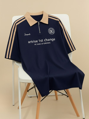 Jump Cuts Printed Men Polo Neck Dark Blue, Beige T-Shirt