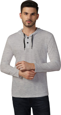 BEYOU FASHION Self Design Men Hooded Neck Silver T-Shirt